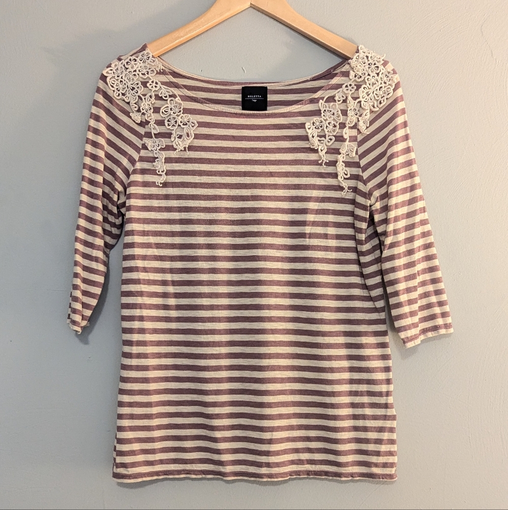Anthropologie Deletta Purple and White Striped Lace Top